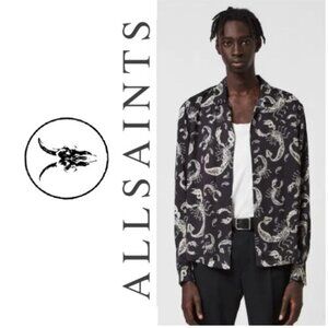 AllSaints Skorpio Paisley Button Down Shirt Black Cream Long Sleeve Size XL
